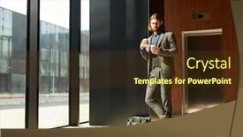  Presentation with gadget - Beautiful PPT theme featuring young elegant business traveler in suit scrolling in gadget while standing by large window inside modern airport backdrop and a tawny brown colored foreground