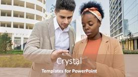  Presentation with elegant 50th anniversary - Theme enhanced with young-elegant-businessman-magnifying-photo background and a coral colored foreground