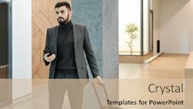  Presentation with receptionist - PPT theme having young-elegant-businessman-pulling-suitcase background and a lemonade colored foreground