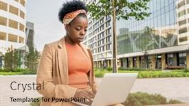 Presentation with african ethnicity - Slide deck featuring young-elegant-businesswoman-of-african background and a coral colored foreground