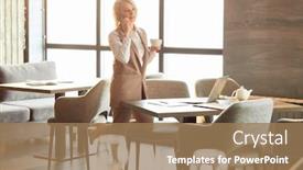  Presentation with tea coffee - Presentation theme consisting of young-elegant-businesswoman-with-cup background and a coral colored foreground