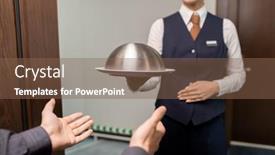  Presentation with open door - Colorful slides enhanced with young-elegant-female-hotel-manager backdrop and a violet colored foreground