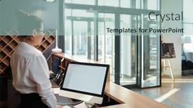  Presentation with receptionist - Presentation design featuring young-elegant-female-receptionist-standing background and a light blue colored foreground