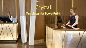  Presentation with receptionist - Amazing PPT theme having young-elegant-female-receptionist backdrop and a tawny brown colored foreground