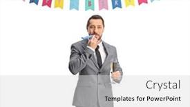  Presentation with elegant party - Presentation theme with young-elegant-man-blowing background and a light gray colored foreground