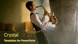  Presentation with misty - PPT theme with young-elegant-man-playing-gold background and a tawny brown colored foreground