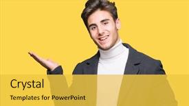  Presentation with hand palm - Beautiful slide set featuring young elegant man wearing winter backdrop and a  colored foreground