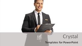  Presentation with elegant man in glasses optics - PPT theme enhanced with young-elegant-man background and a light gray colored foreground