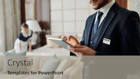  Presentation with accor hotel - PPT layouts enhanced with young-elegant-manager-of-luxurious background and a light gray colored foreground