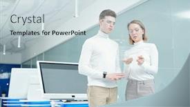  Presentation with new office - Slide deck having young-elegant-office-manager background and a sky blue colored foreground