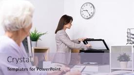  Presentation with xerox - Beautiful slide deck featuring young-elegant-office-secretary backdrop and a light blue colored foreground