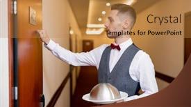  Presentation with waiter - Amazing presentation design having young elegant waiter knocking on wooden door of hotel room while holding food on cloche for one of guests backdrop and a gold colored foreground