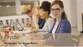  Presentation with files - Theme with young elegant woman in glasses smiling at camera while sitting at long office table with files and posing on background of coworkers background and a coral colored foreground