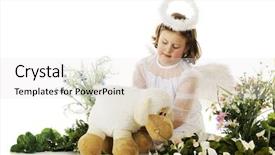  Presentation with caring - PPT theme enhanced with young elementary angel caring for a toy lamb surrounded by a bed of spring flowers on a white background background and a white colored foreground