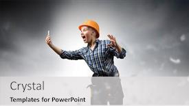  Presentation with mechanic - Cool new presentation theme with young-emotional-woman-mechanic-screaming backdrop and a light gray colored foreground