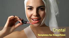  Presentation with chest - PPT theme featuring young emotional woman with a gauze bandage on her head and chest holding lip gloss on grey background background and a tawny brown colored foreground
