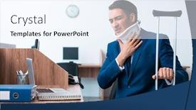  Presentation with accident - Beautiful presentation theme featuring young employee after accident backdrop and a sky blue colored foreground