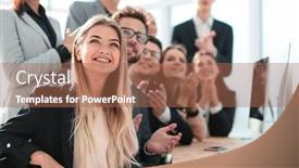  Presentation with employee anniversary work office - Slide set with young-employee-and-her-colleagues background and a coral colored foreground