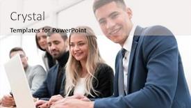  Presentation with employee - Presentation theme with young-employee-and-his-colleagues background and a lemonade colored foreground