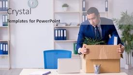  Presentation with employee - Cool new slide deck with downsizing - young employee being made redundant backdrop and a light gray colored foreground