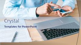  Presentation with scrolling - Beautiful slides featuring young employee in blue shirt sitting by wooden table in front of laptop and scrolling in smartphone during communication backdrop and a sky blue colored foreground