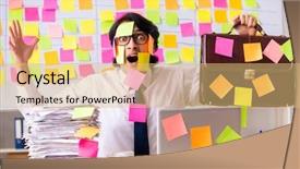  Presentation with employee profile company concept - Colorful PPT layouts enhanced with young employee in conflicting priorities backdrop and a yellow colored foreground