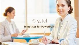  Presentation with busy work - Colorful slide set enhanced with young employee looking at camera while planning work or making notes on background of busy colleague backdrop and a cream colored foreground