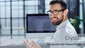  Presentation with monitor computer - Presentation design with young-employee-looking-at-computer background and a light blue colored foreground