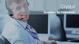  Presentation with monitor computer - Amazing slide set having young employee looking at computer monitor during working day in office backdrop and a light blue colored foreground