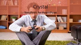  Presentation with employee - Beautiful theme featuring young employee playing joystick games backdrop and a  colored foreground