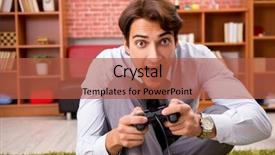  Presentation with employee - Colorful PPT theme enhanced with young employee playing joystick games backdrop and a  colored foreground
