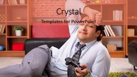  Presentation with employee - Colorful PPT theme enhanced with young employee playing joystick games backdrop and a  colored foreground