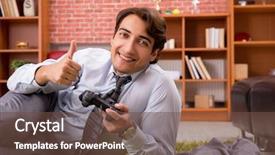  Presentation with employee - Slides consisting of young employee playing joystick games background and a  colored foreground