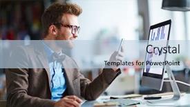  Presentation with employee - Audience pleasing theme consisting of young employee with cellphone sitting backdrop and a light blue colored foreground