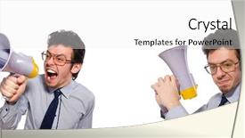  Presentation with employee of the month - PPT layouts featuring young employee with loudspeaker isolated background and a white colored foreground