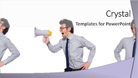  Presentation with employee - Cool new PPT theme with young employee with loudspeaker isolated backdrop and a white colored foreground