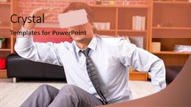  Presentation with employee engagement healthcare - Colorful slide set enhanced with young employee with virtual glasses backdrop and a  colored foreground