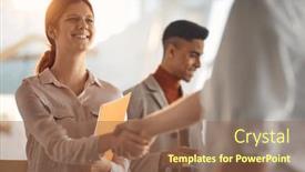  Presentation with congratulations - Slide deck having young-employee-woman-receiving background and a coral colored foreground