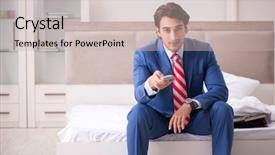  Presentation with television - Cool new slide set with young employee working at home backdrop and a soft green colored foreground