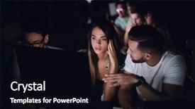  Presentation with interviews data - Presentation design having young employees discussing new data background and a  colored foreground