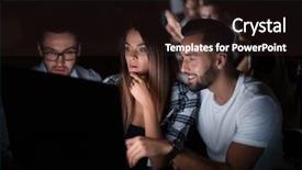  Presentation with employees - Slides enhanced with young employees discussing new data background and a  colored foreground