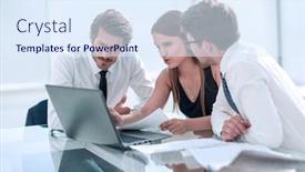  Presentation with online meeting - Presentation design having young employees discussing online news at a meeting background and a sky blue colored foreground