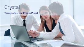  Presentation with online meeting - Audience pleasing presentation theme consisting of young employees discussing online news at a meeting backdrop and a sky blue colored foreground