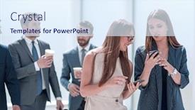  Presentation with lobby - Presentation design enhanced with young employees exchanging information in the office lobby background and a sky blue colored foreground