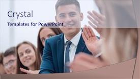  Presentation with employees - PPT theme consisting of young-employees-greeting-each background and a  colored foreground