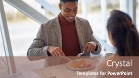  Presentation with canteen - Beautiful slide set featuring young-employees-having-a-lunch backdrop and a coral colored foreground