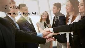  Presentation with employees - PPT theme consisting of young-employees-joining-their-palms background and a  colored foreground