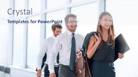  Presentation with employees - Slide deck with young-employees-leaving-the-office background and a sky blue colored foreground