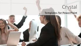  Presentation with employees - Theme enhanced with young-employees-showing-their-success background and a white colored foreground