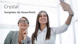  Presentation with employees - Amazing PPT theme having young employees take selfies in the workplace backdrop and a white colored foreground